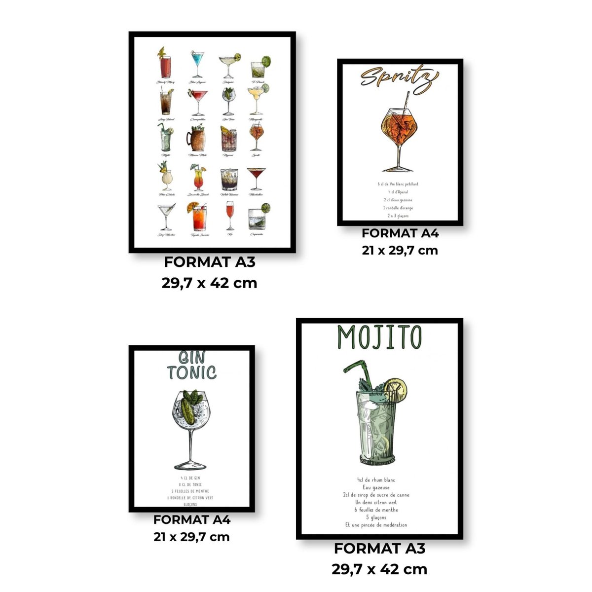 Pack d'affiches encadrées – Cocktails blanc, L'AFFICHERIE