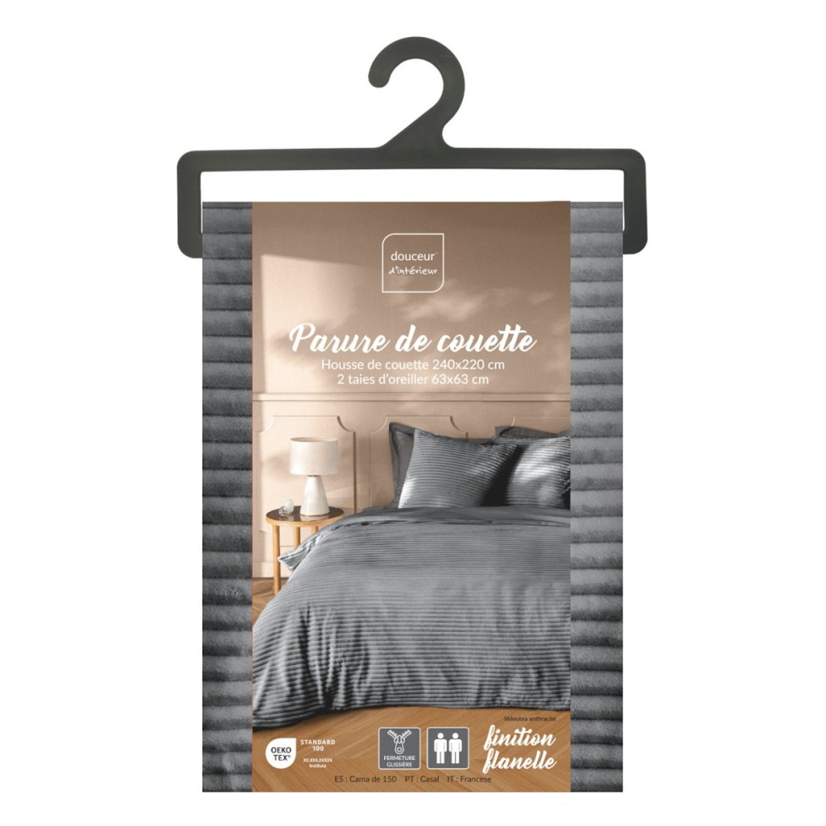Housse de couette 240x220 + 2 taies anthracite finition flanelle gris foncé, DECORATIE