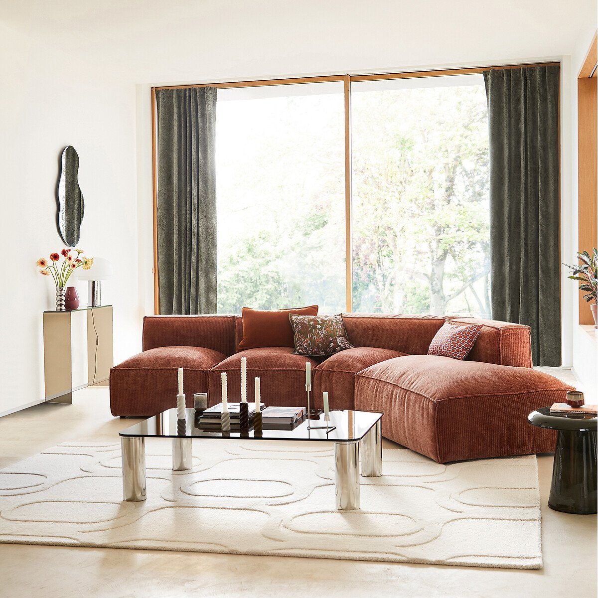 Elément chauffeuse pour canapé modulable, en velours côtelé vintage, SEVEN terracotta, LA REDOUTE INTERIEURS