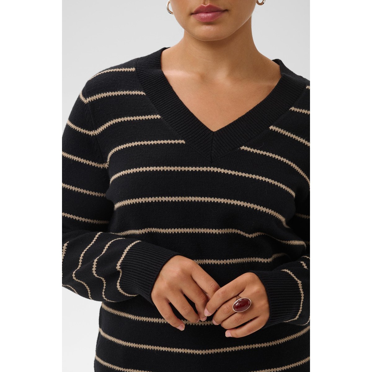 Pullover tricoté noir beige black/desert taupe m. stripe, KAFFE CURVE