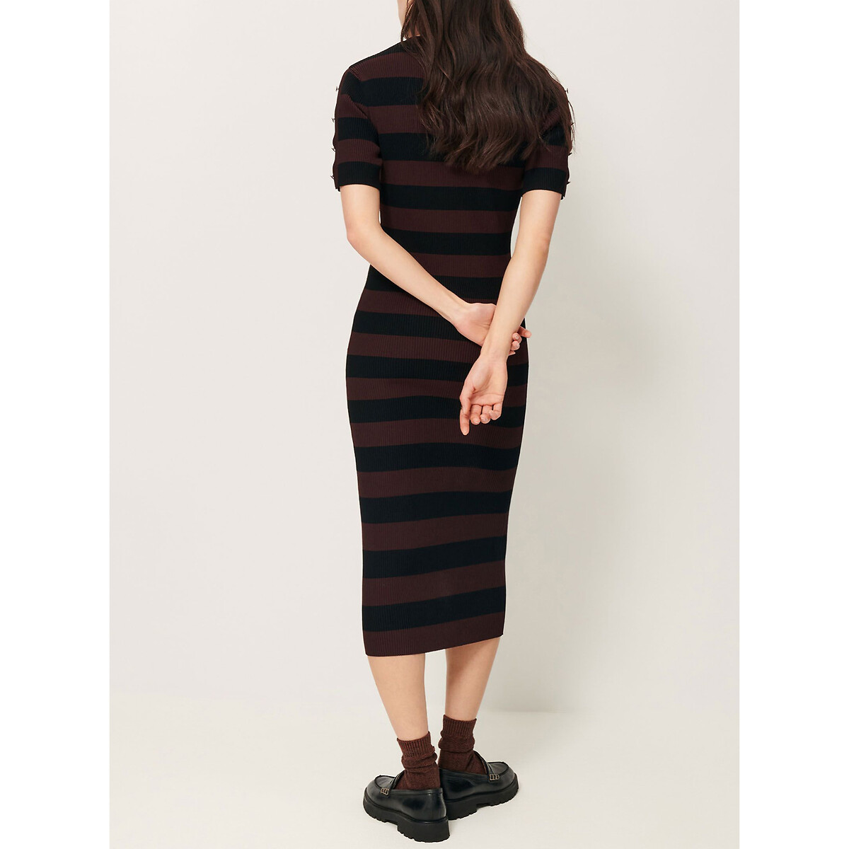 Robe mi-longue en maille rayée, MOORE noir/marron, SESSUN