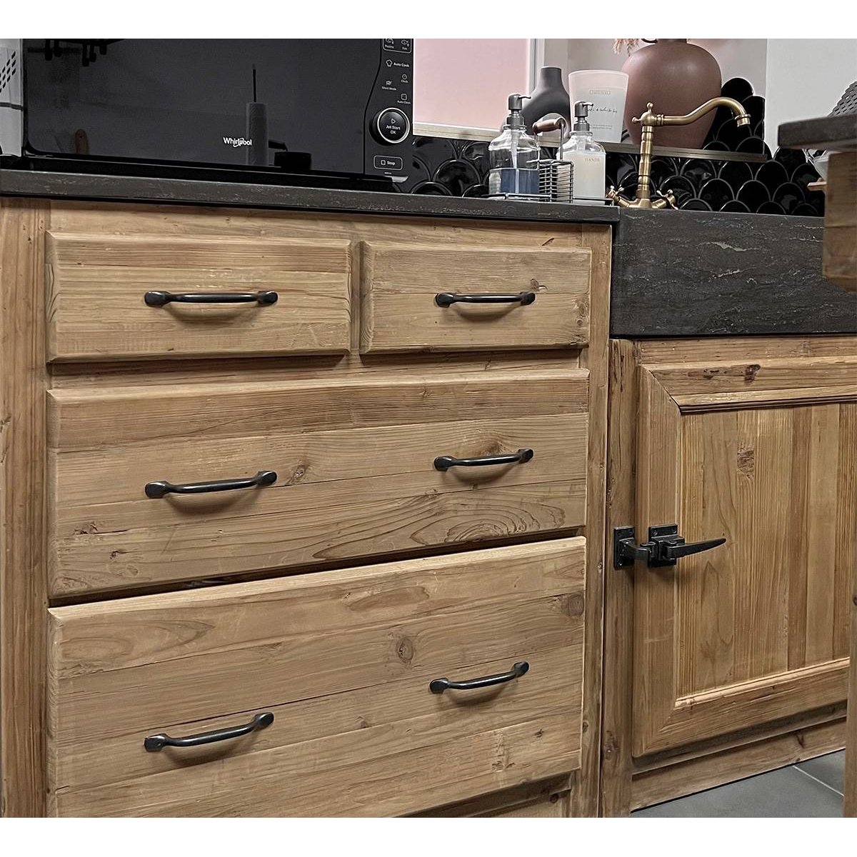 Meuble bas de cuisine en bois recyclé et pierre bleue CHAMPÊTRE bois clair, MADE IN MEUBLES