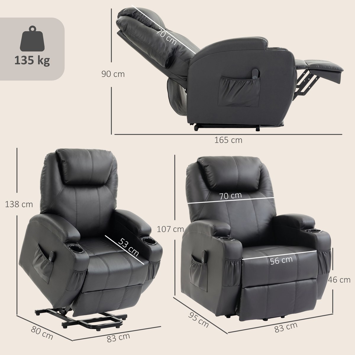 Fauteuil releveur électrique PU Noir noir, HOMCOM
