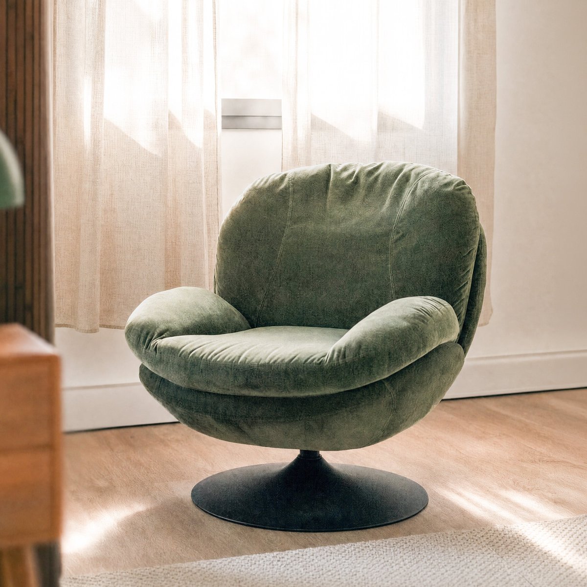 Fauteuil pivotant en tissu effet velours - RICCI vert kaki, MAISON PAVANE