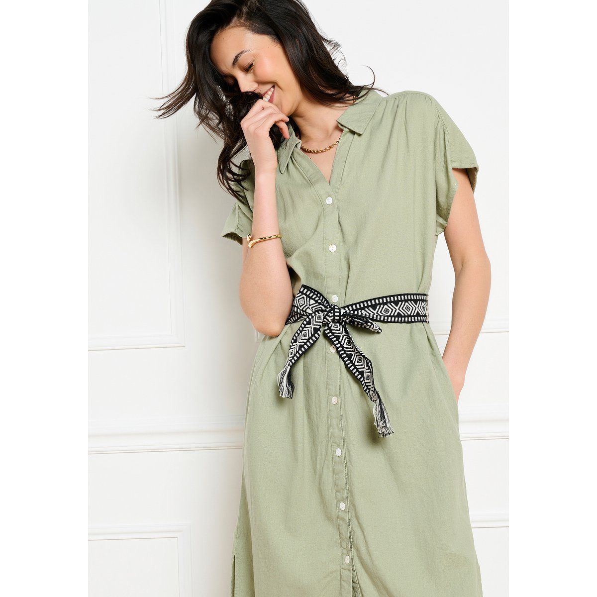 Robe chemise midi boutonnée khaki, LOLALIZA