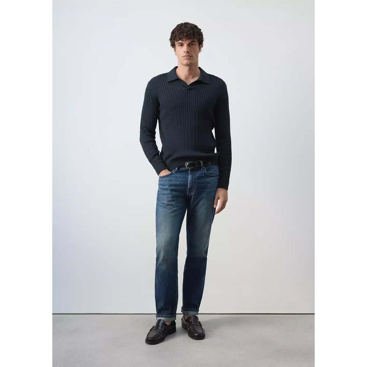 Pull polo mélange coton lyocell maille torsadée bleu marine, MANGO MAN