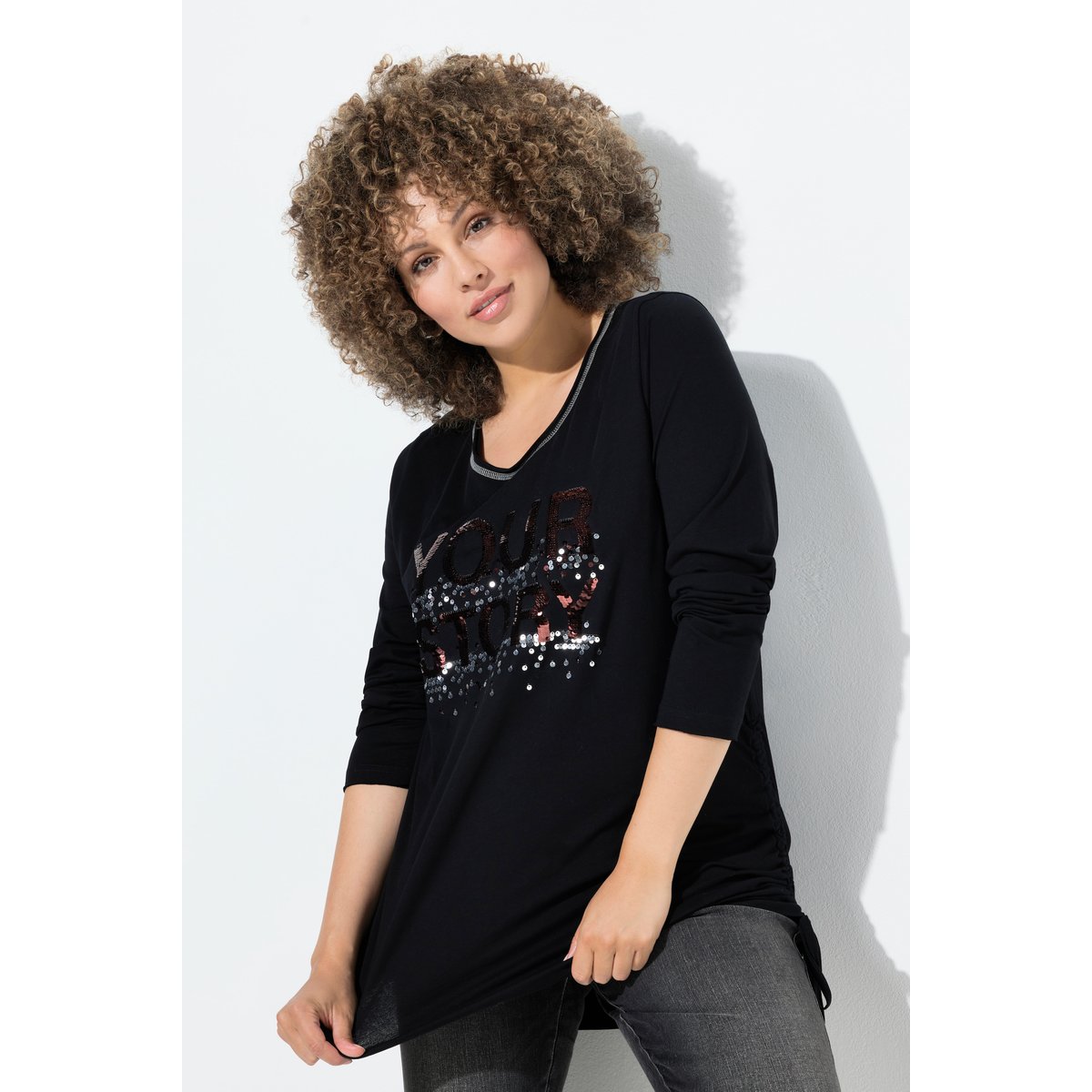 T-shirt Classic à col rond et manches noir, ULLA POPKEN