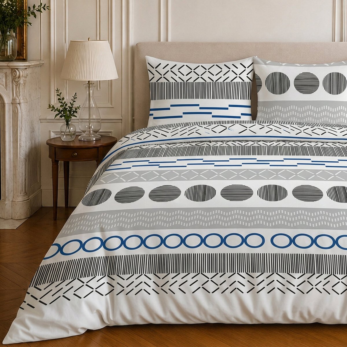 Parure de lit en microfibre motif géométrique, VAGUE bleu, C DESIGN HOME TEXTILE