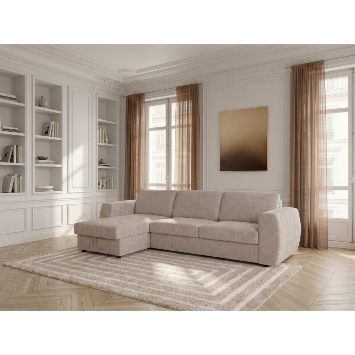 Canapé d'angle convertible 4 places en tissu texturé couchage 140x190 cm, HUGO beige, BOBOCHIC