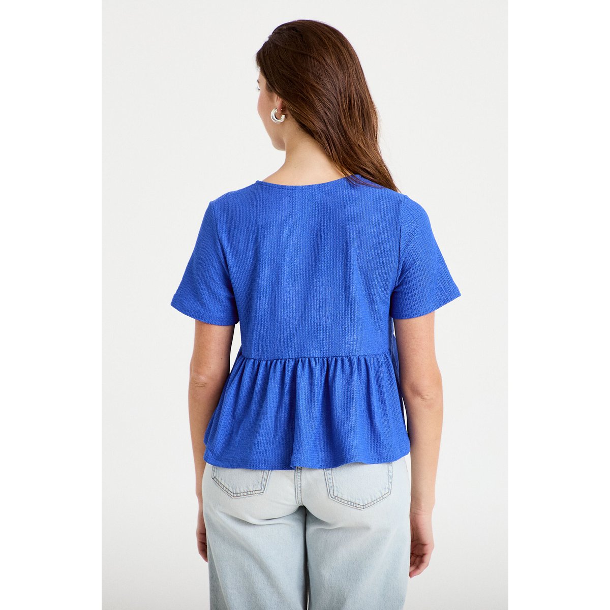 Blouse col v manches courtes dentelle bleu electrique, CACHE CACHE