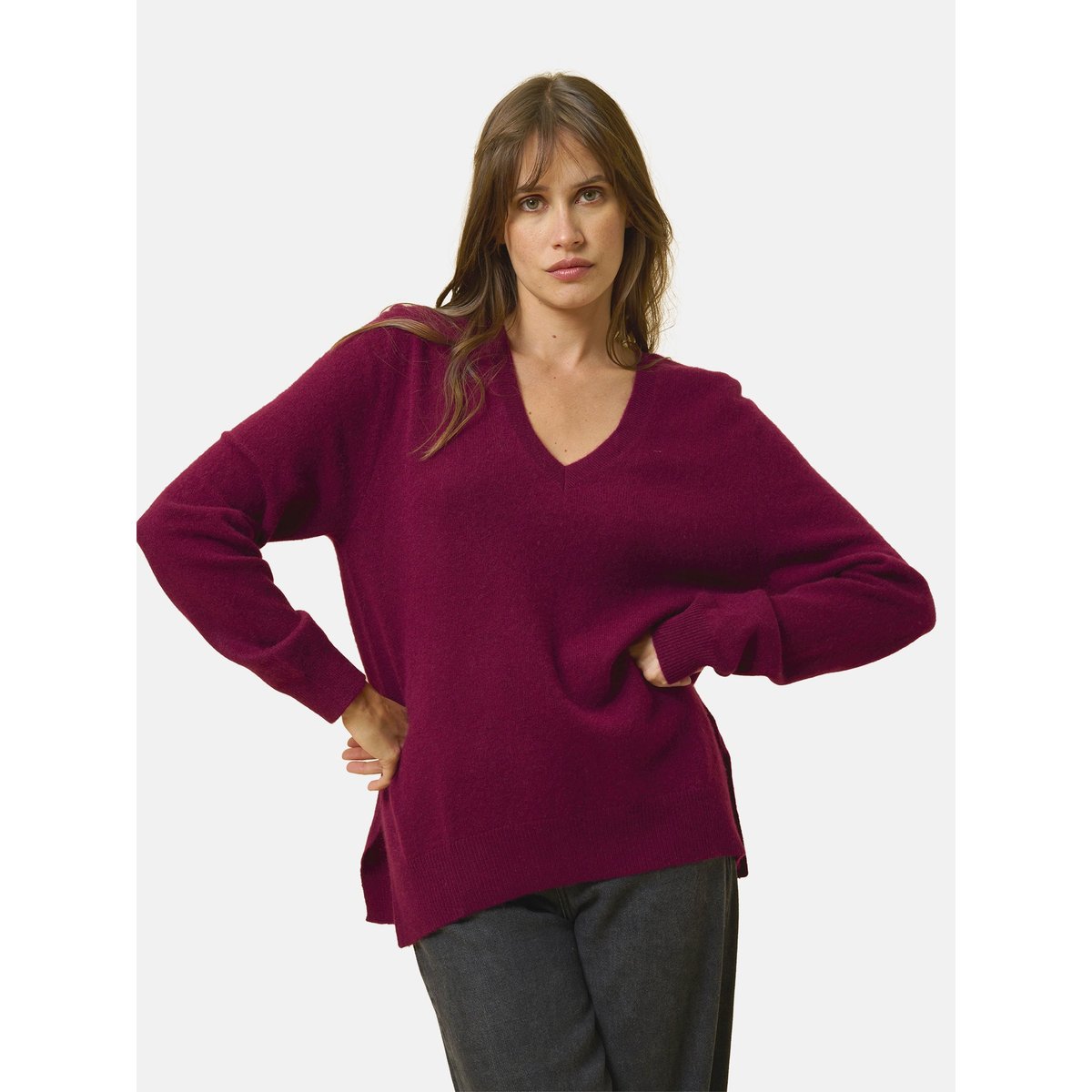 Pull Col V Devant Et Dos Bordeaux Opal bordeaux, JUST CASHMERE