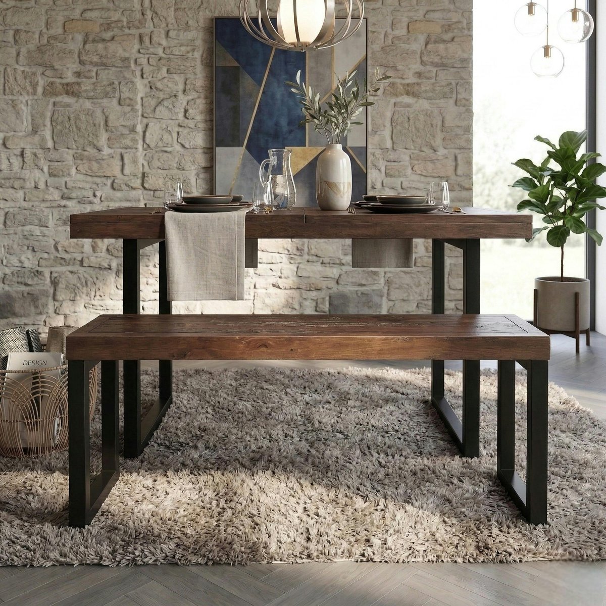Banc bois brun recyclé pieds métal 140 cm SAMOA bois naturel, PIER IMPORT
