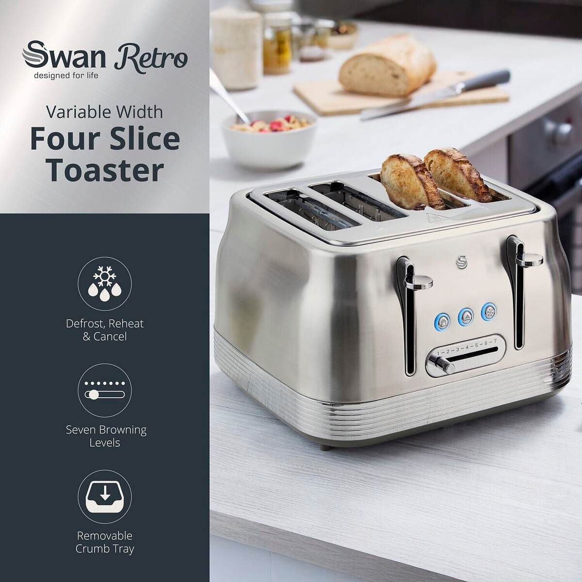 RetroRevive 4-Slice Toaster silver-coloured, SWAN