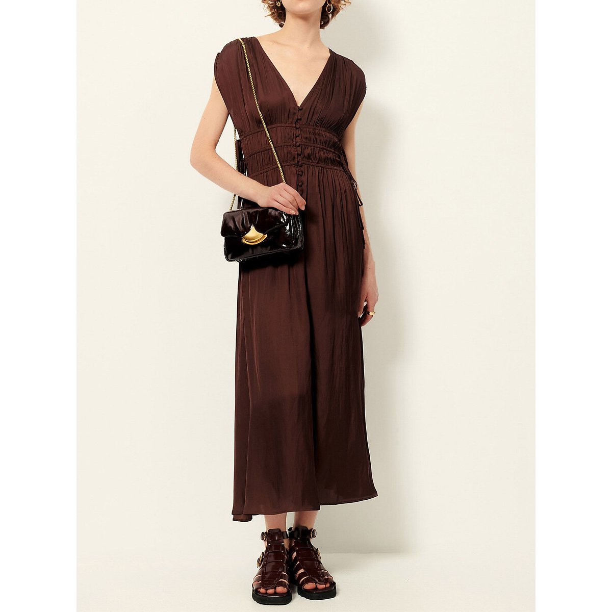 Robe longue sans manches en satin à col V, PREZIANNI moka, SESSUN