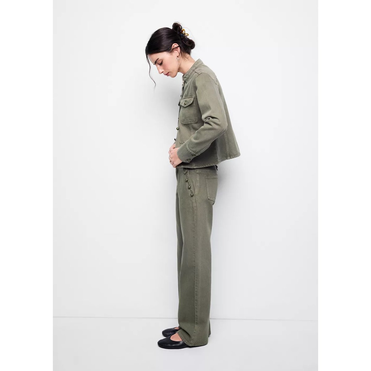 Jean taille basse à boutons kaki, MANGO TEEN