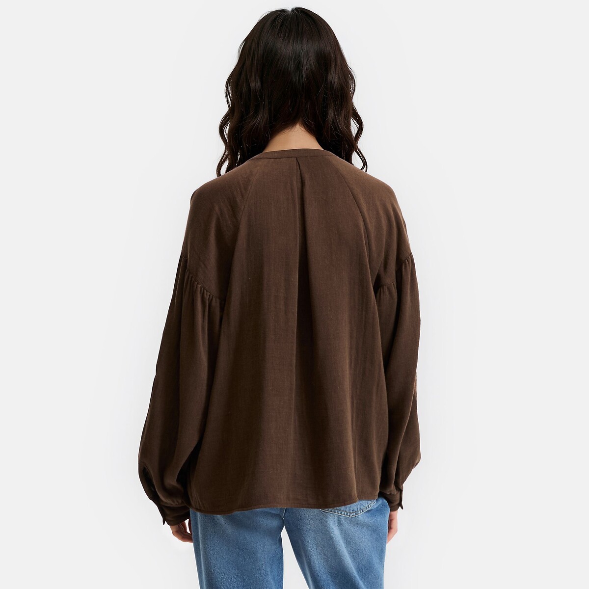 Blouse col rond à manches longues brodées  marron, LA REDOUTE COLLECTIONS