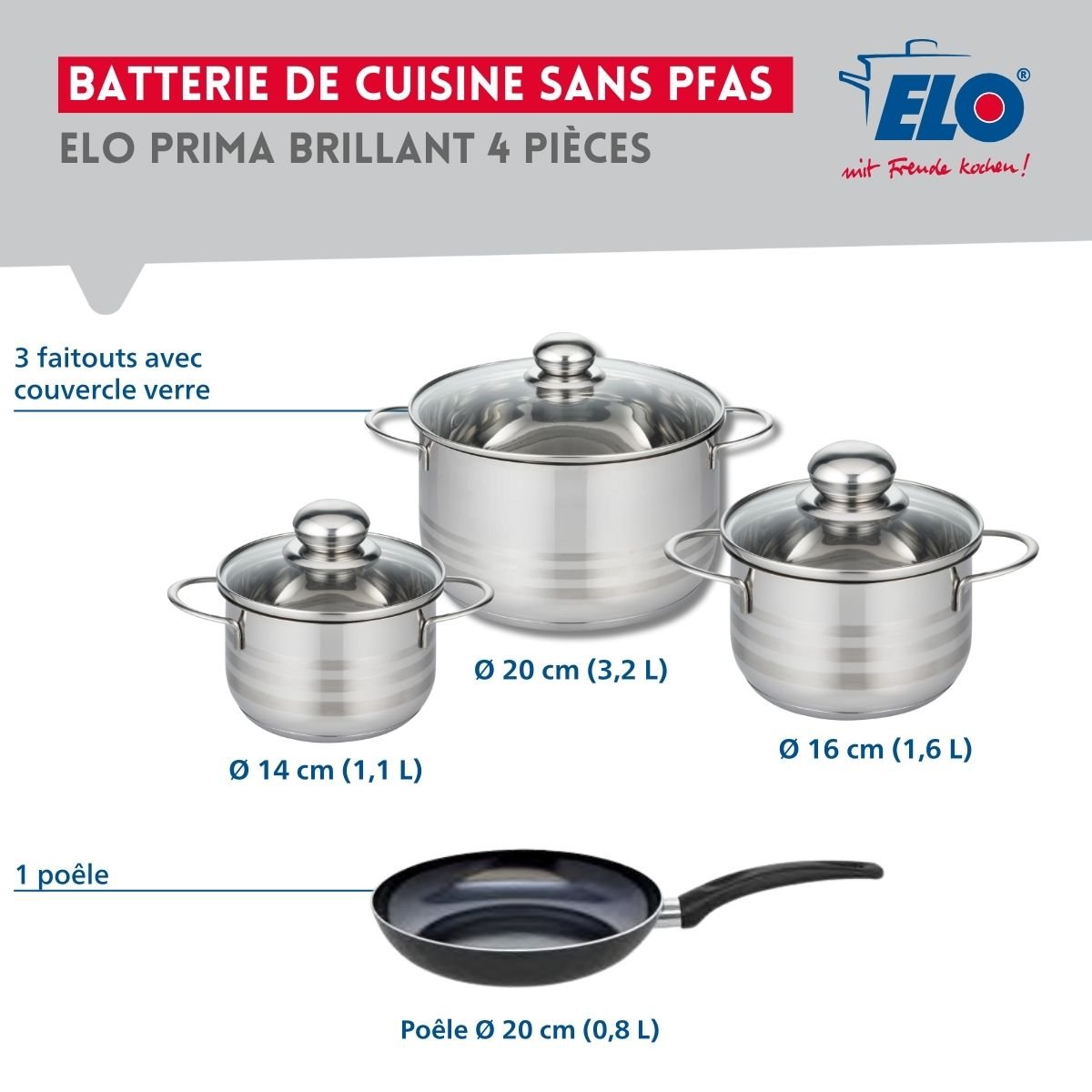 Batterie 1 poêle 20cm + 3 faitouts 14/16/20cm PRIMA BRILLANT noir, ELO