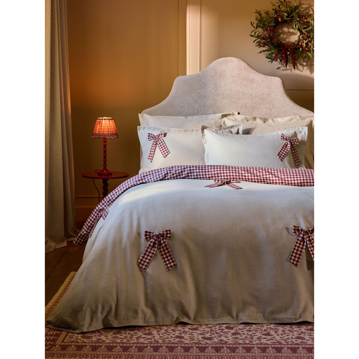 Parure de lit en tissu brossé vichy à nœuds rouge/naturel, NEXT