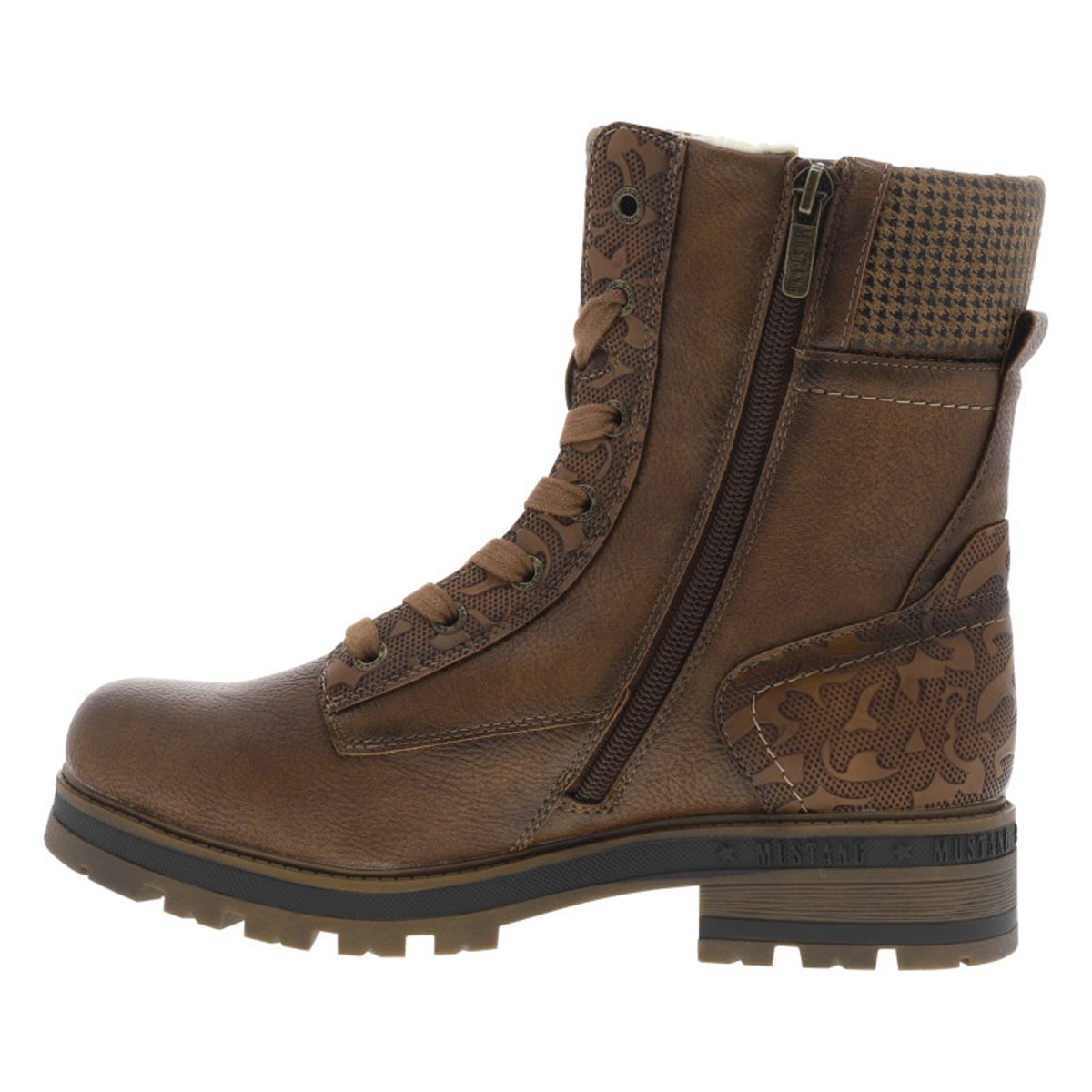 Bottines écrues à talon décroché bas avec des lacets et un zip latéral cognac, MUSTANG