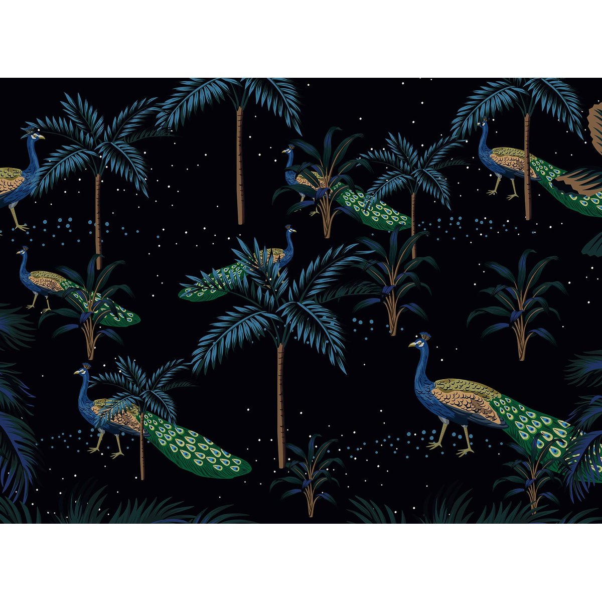 Papier peint panoramique feuilles art deco bleu paon intissé, HEXOA
