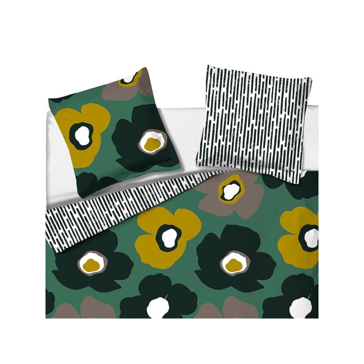 Housse de couette 260x240 FLEURIE + 2 taies 100% coton vert, DECORATIE