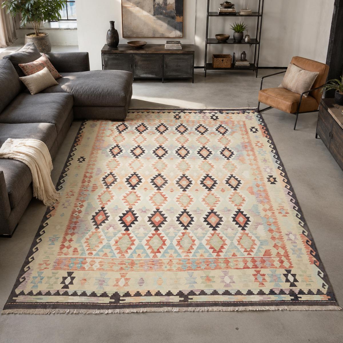 Tapis kilim géométrique, tissé à plat, laine naturelle, KILIM 61 multicolore, crème, orange, UN AMOUR DE TAPIS