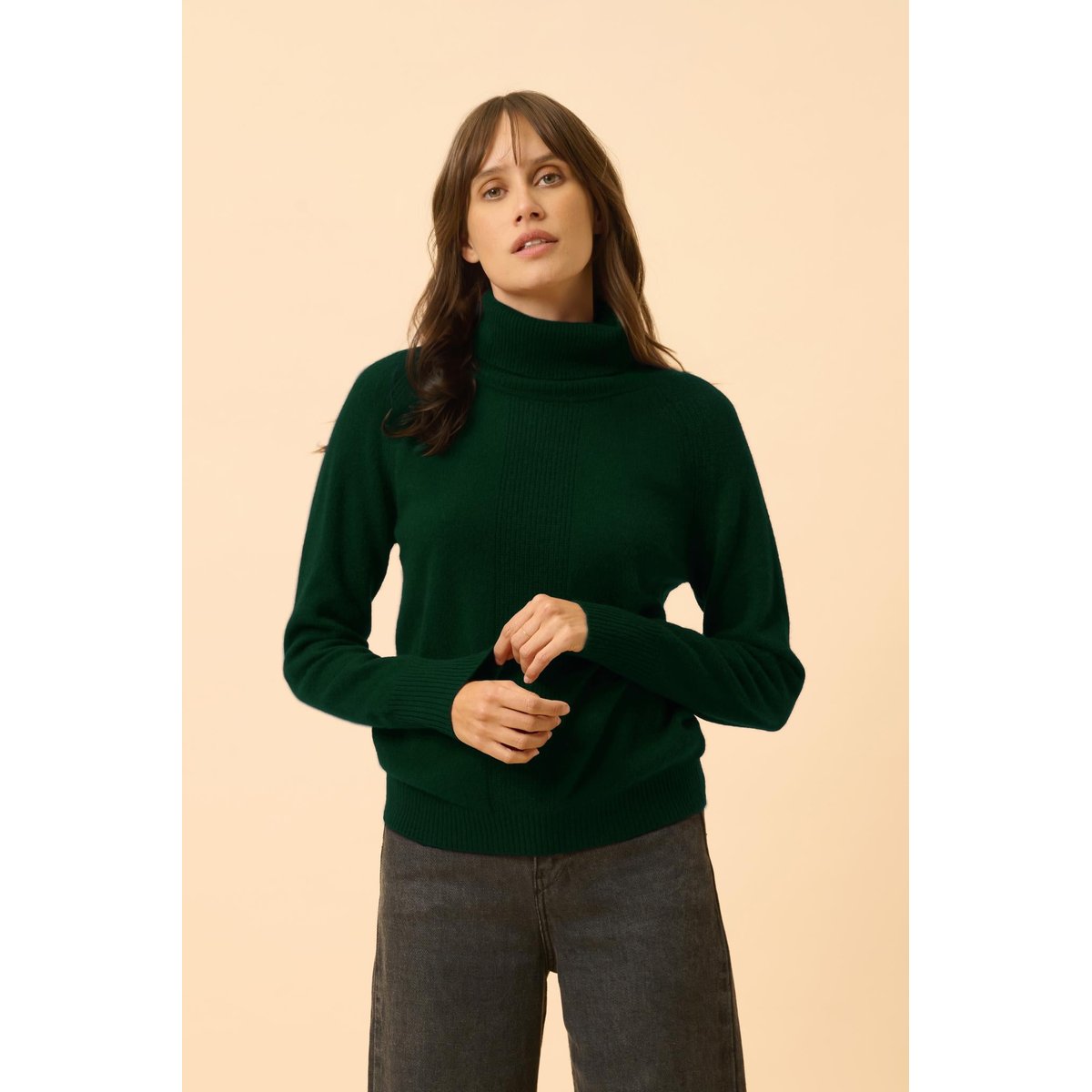 Pull Col Roulé Cyprès Lilly vert foncé, JUST CASHMERE