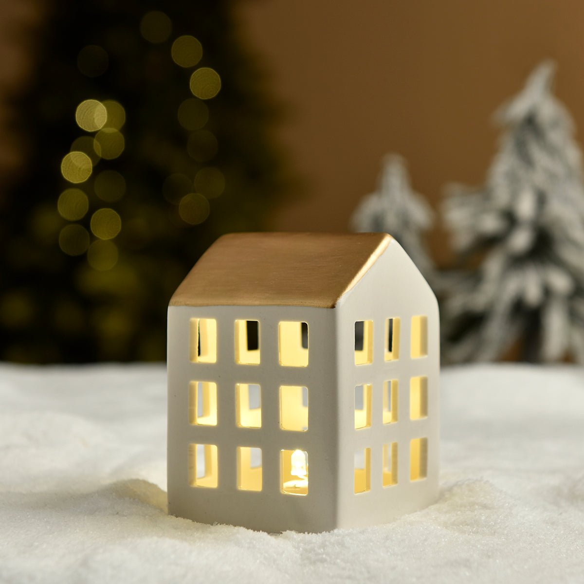 Figurine chalet de noël décorative en porcelaine H10 blanc, SIA DECO