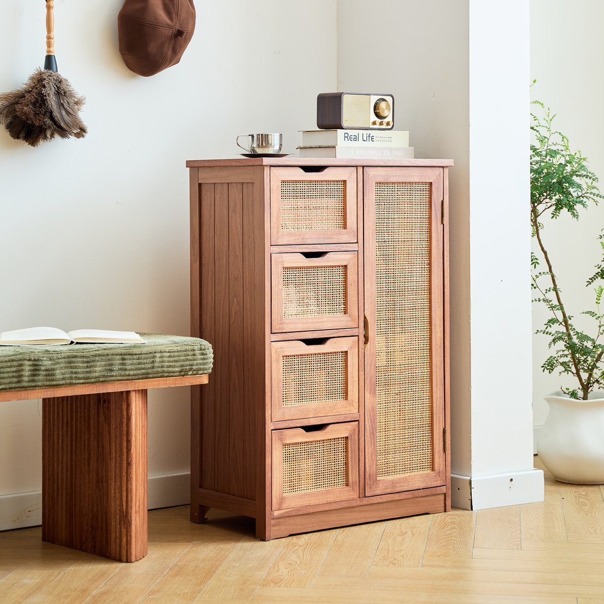Buffet meuble de rangement, bois de noyer et rotin, KIEL marron, NORDLYS
