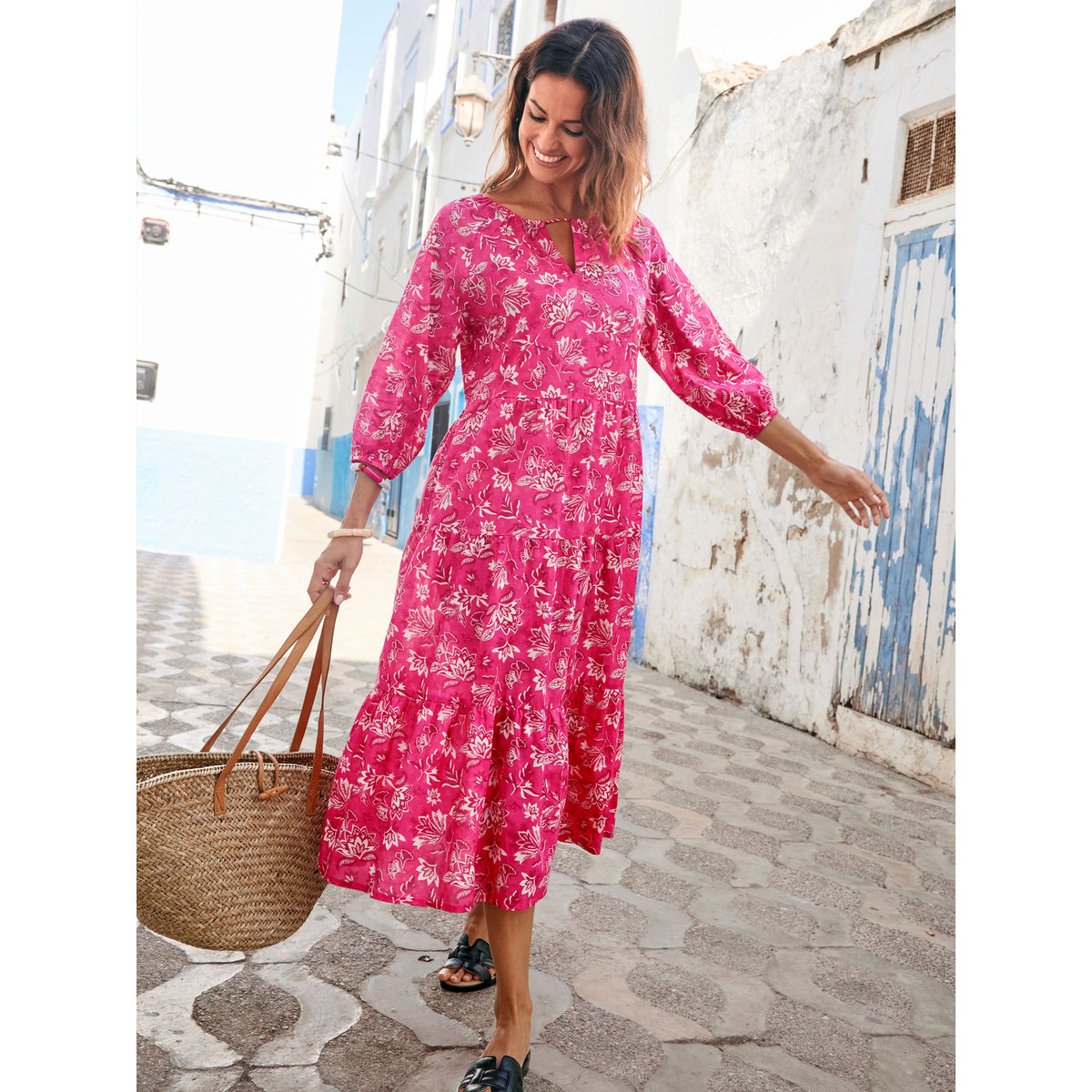 Robe longue volantée femme imprimé fond rose, DAXON