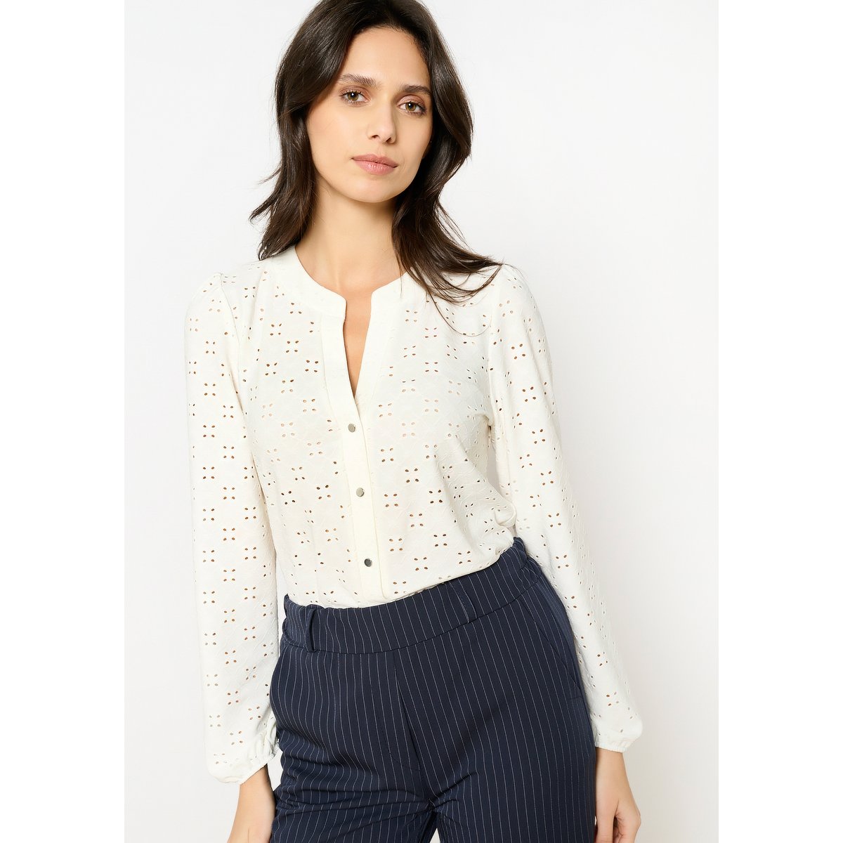 T-shirt avec broderie anglaise blanc, LOLALIZA