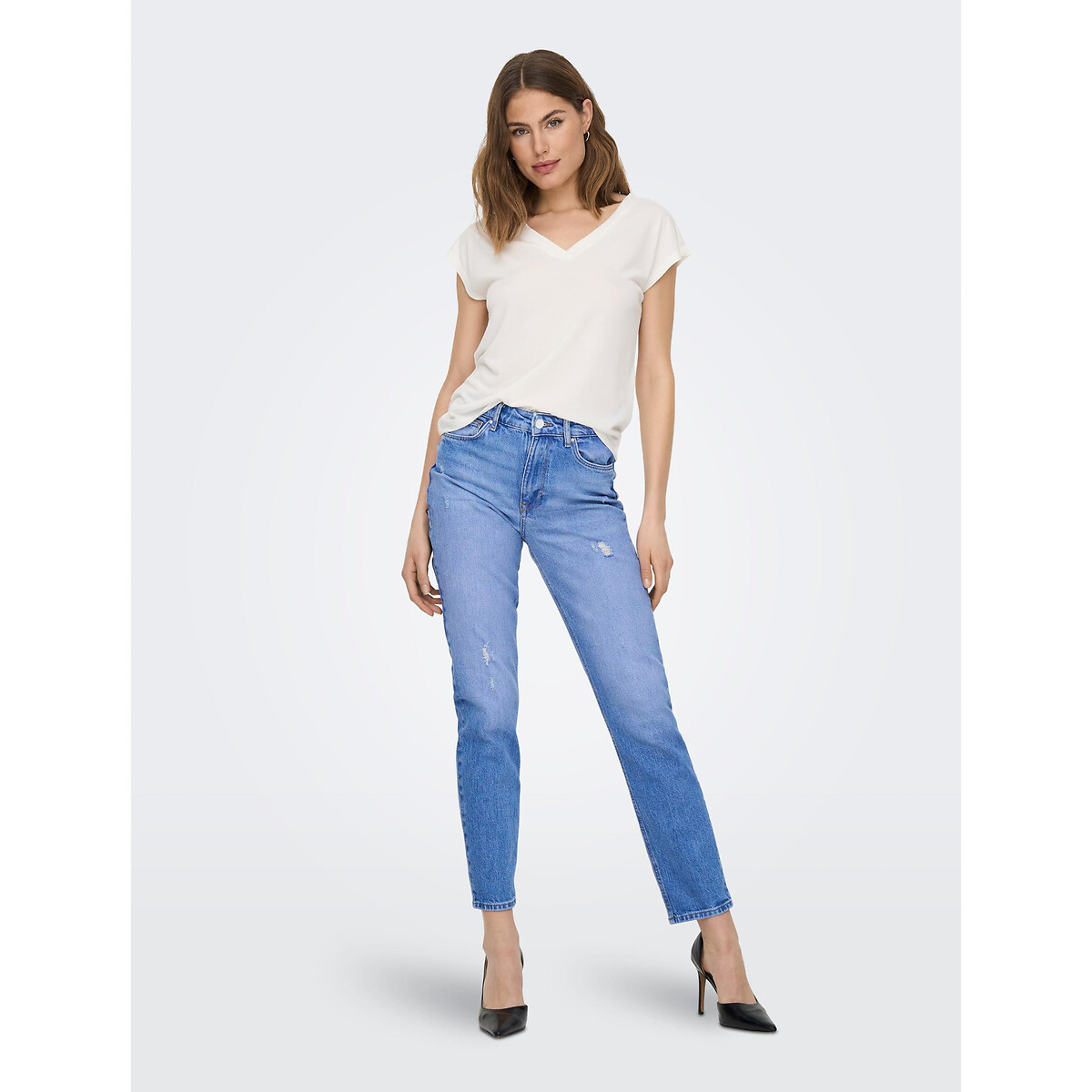 T-shirt maniche corte, scollo a V bianco, ONLY