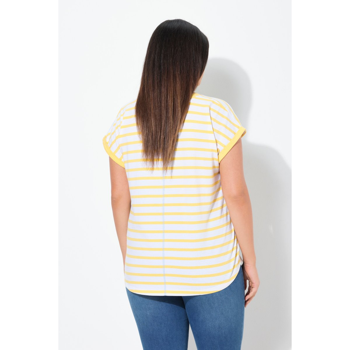 T-shirt oversize à rayures. Col rond jaune soleil, ULLA POPKEN