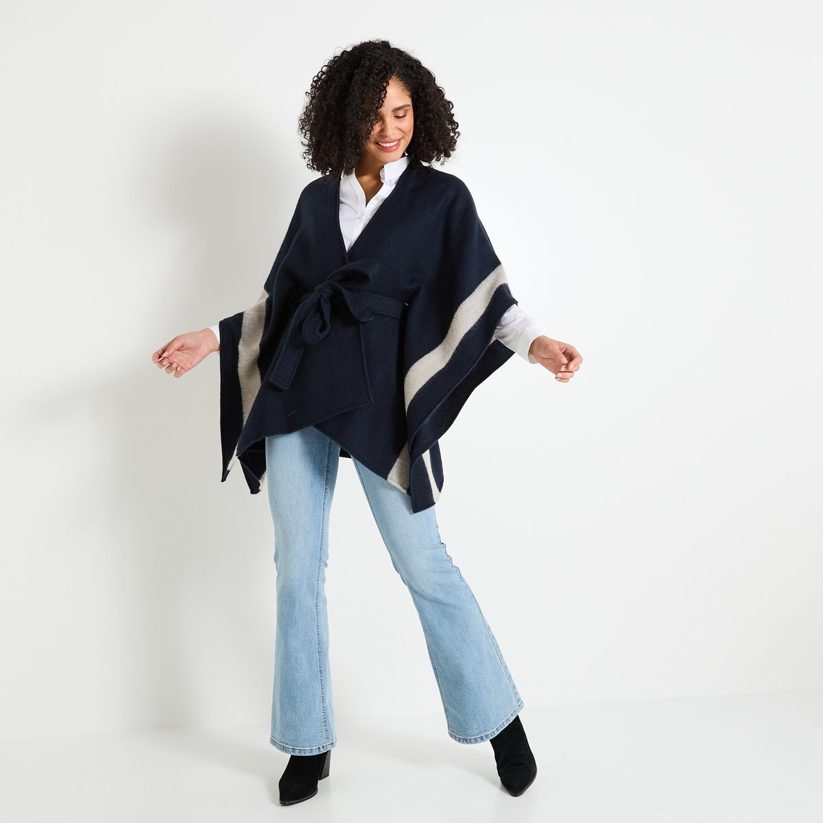 Poncho ouvert avec ceinture bleu marine, GRAIN DE MALICE