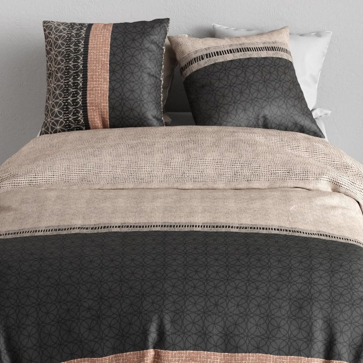 Housse de couette 100% coton 57 fils + 2 taies d’oreiller multicolore, DECORATIE