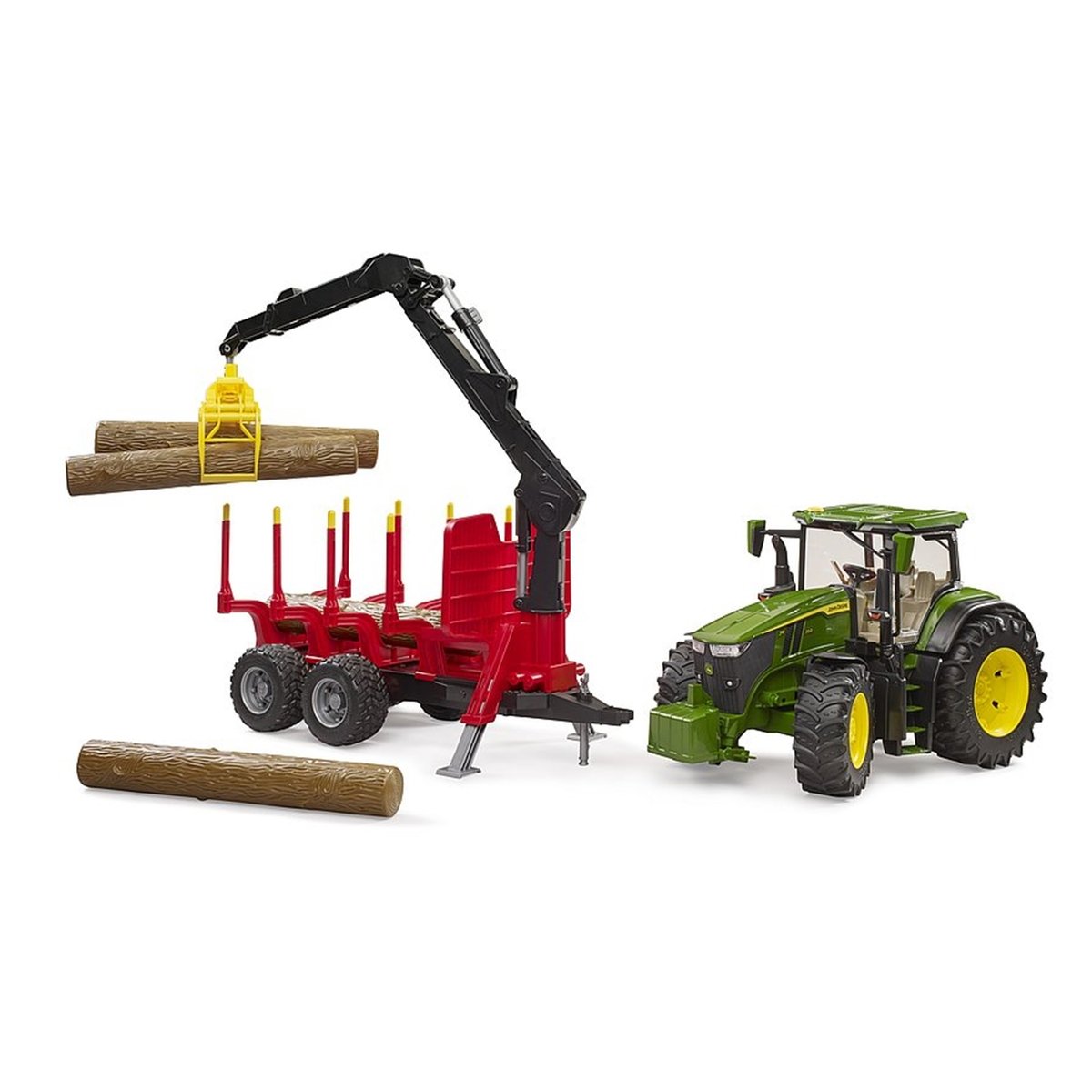 John Deere 7R avec remorque forestière et 4 troncs d'arbre multicolore, BRUDER