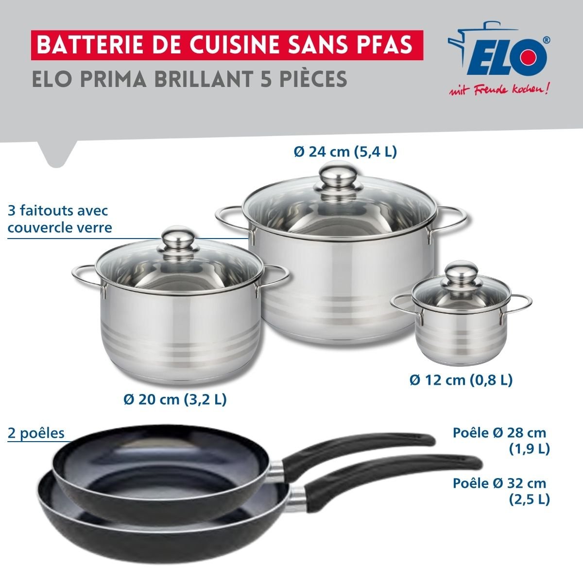 Batterie 2 poêles 28/32cm + 3 faitouts 12/20/24cm PRIMA BRILLANT noir, ELO