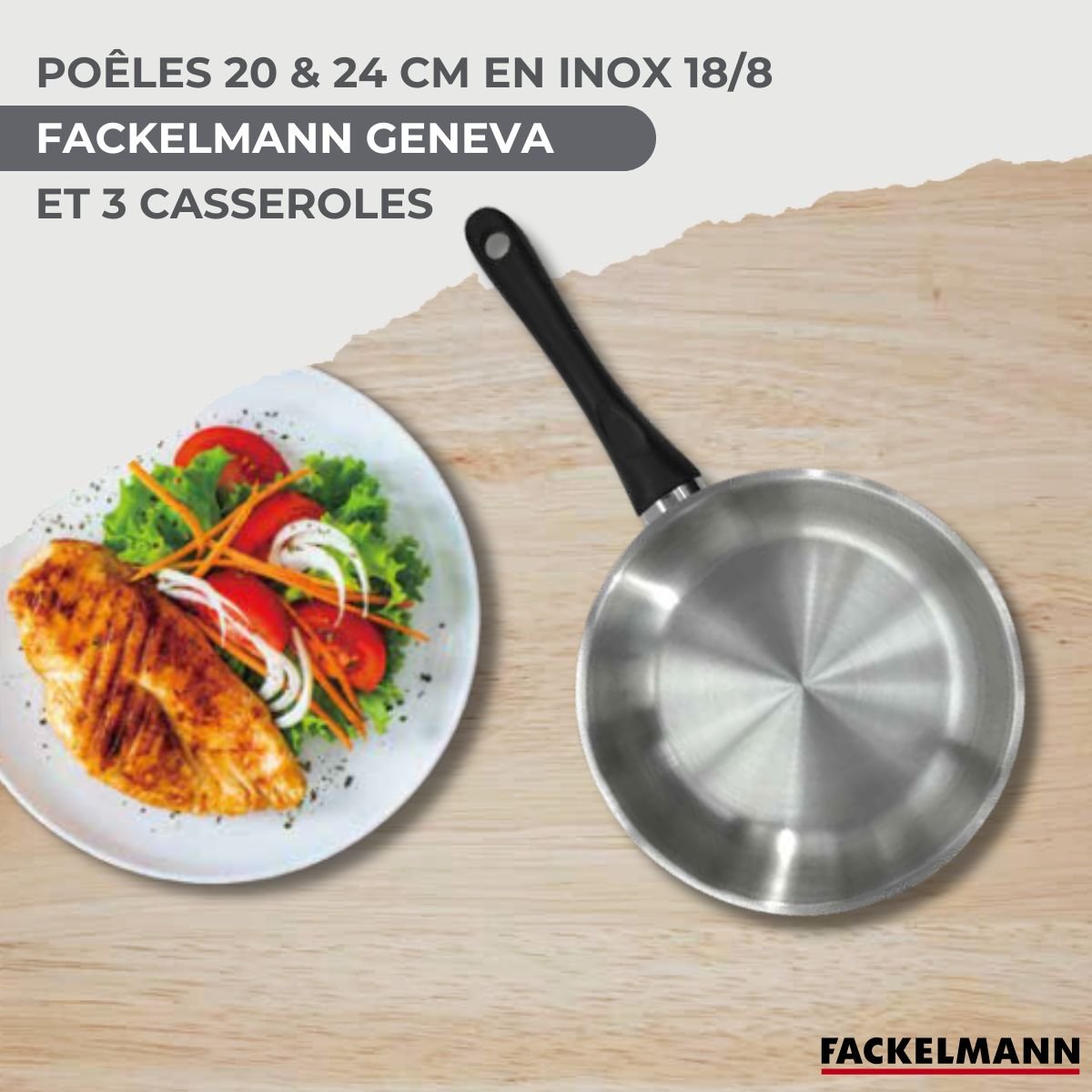 Batterie de cuisine 2 poêles 20/24cm + 3 casseroles 6cm GENEVA inox|noir, FACKELMANN