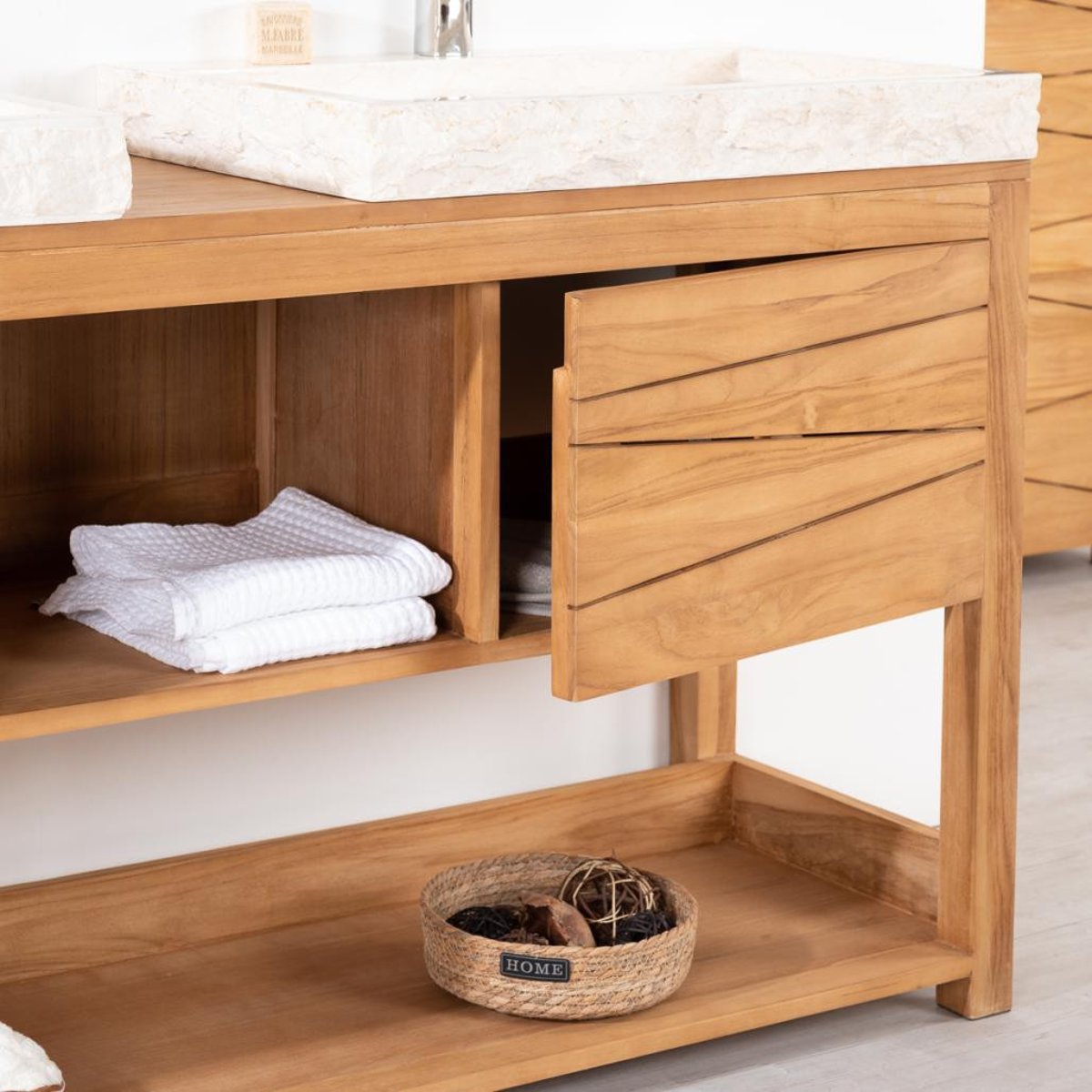 Meuble double en teck massif rectangle + 2 vasques 160cm COSY crème, WANDA COLLECTION