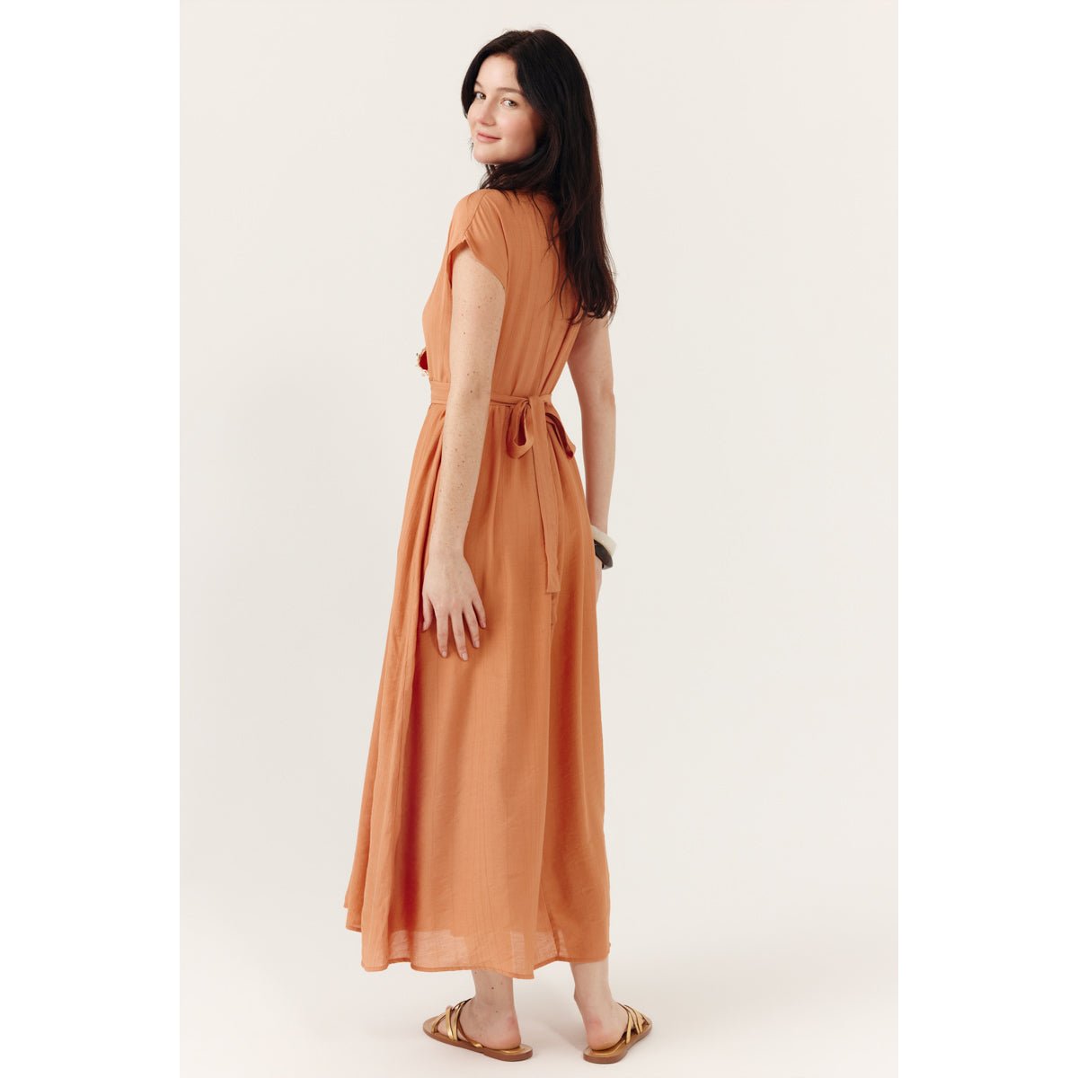 Robe longue cache-cœur manches courtes Calinea terracotta, ARTLOVE