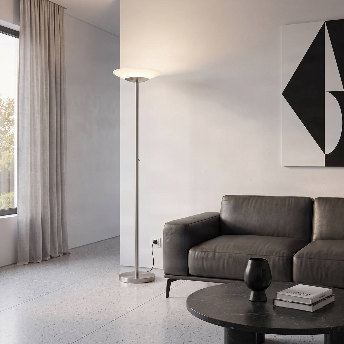 Lampadaire en verre moderneLED, Ragna blanc albâtre, nickel mat, LINDBY