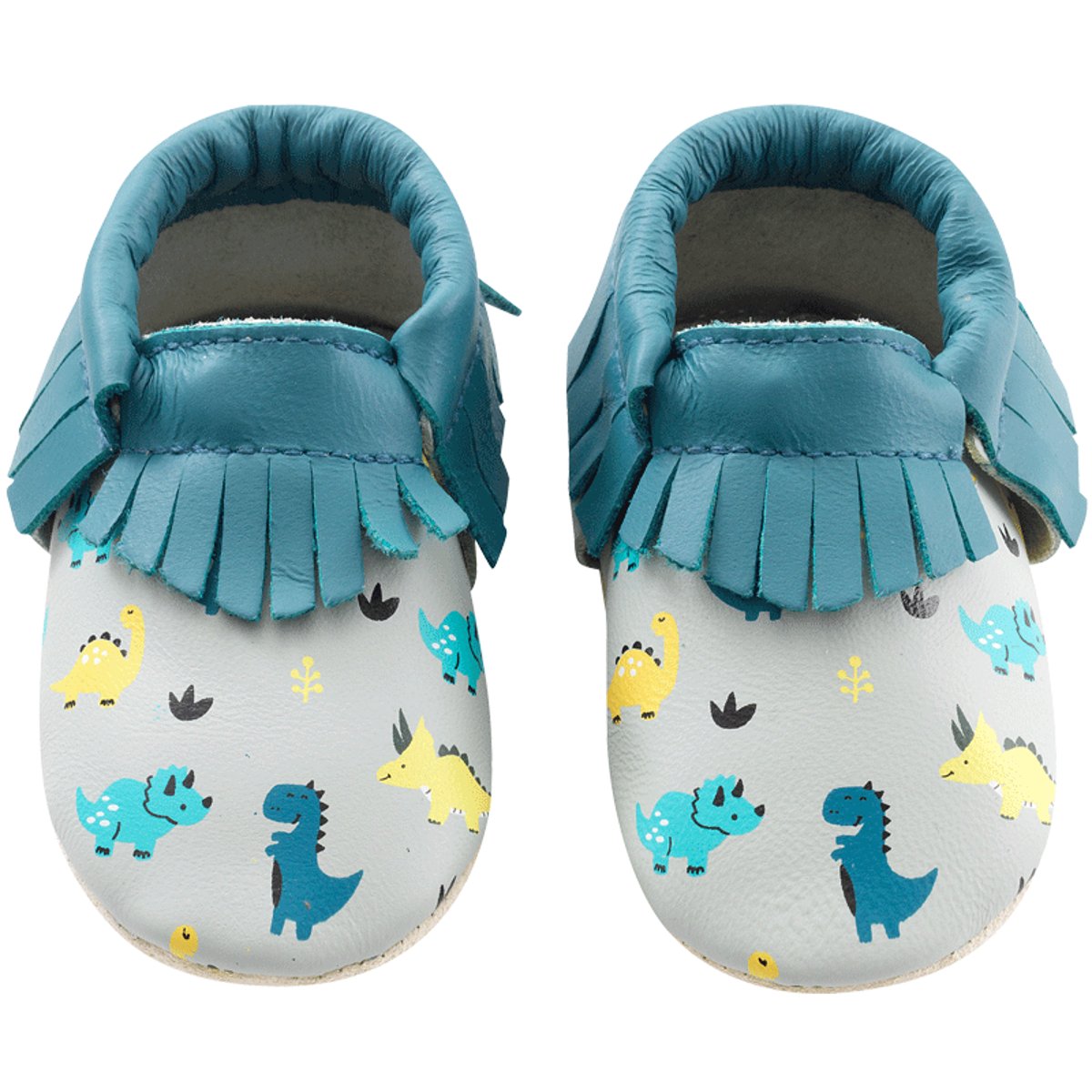 Chaussons cuir souple à franges dinosaures bleu, TICHOUPS