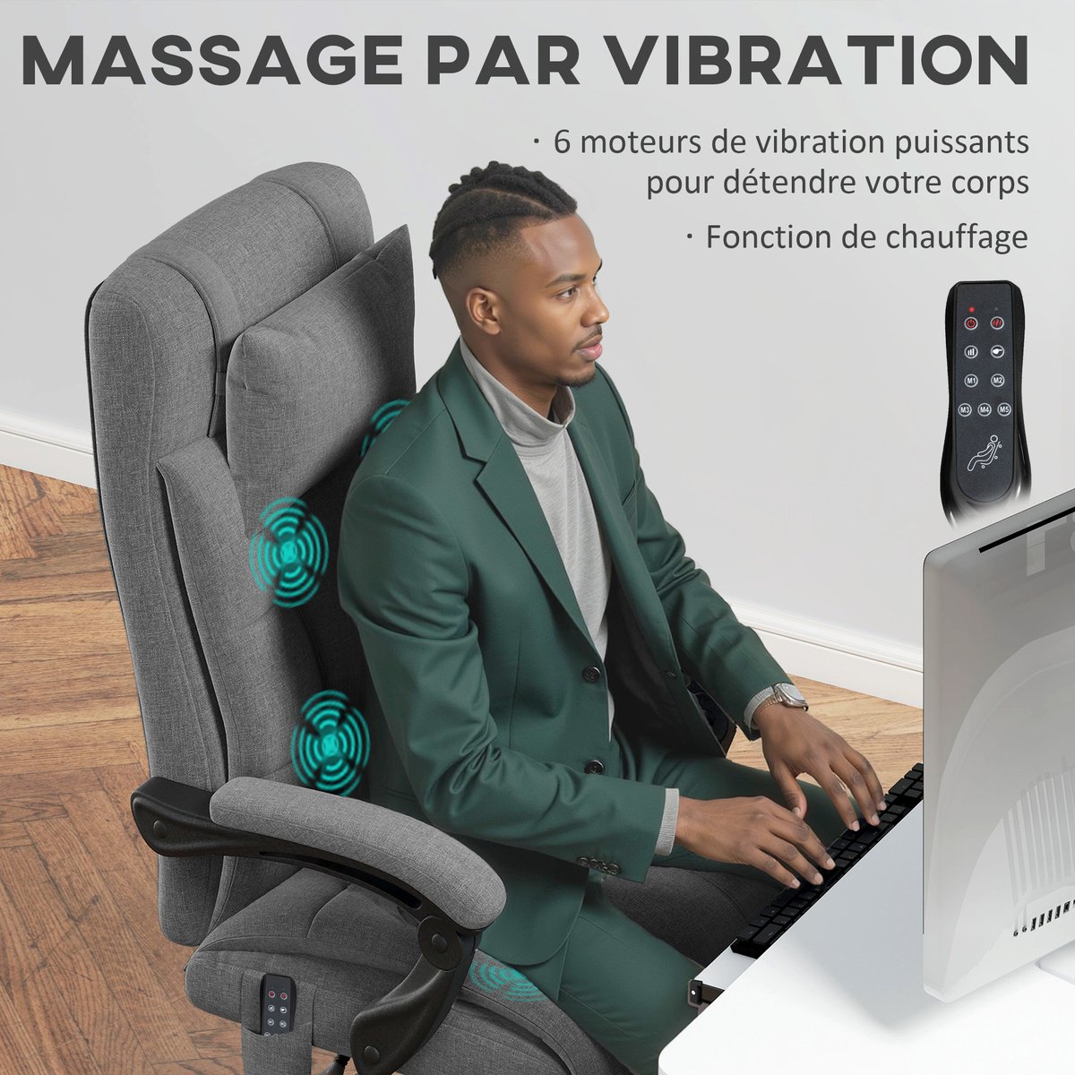 Fauteuil de bureau avec fonction massage gris, HOMCOM