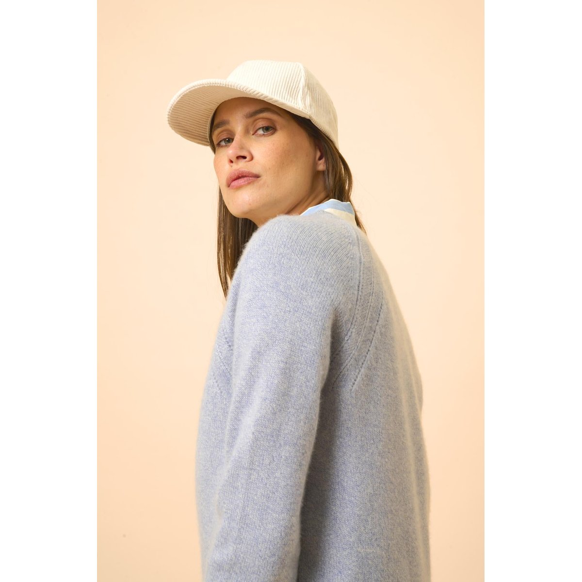 Pull Col Rond 4 Fils Bleu Ivoire Arequipa bleu blanc, JUST CASHMERE
