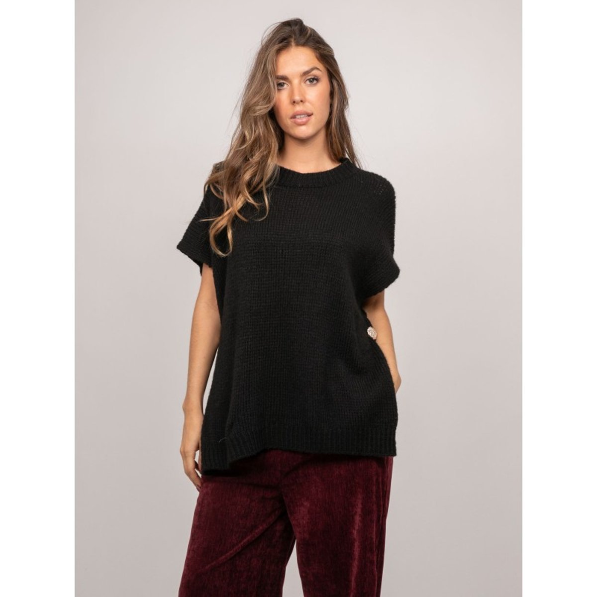 Pull Oversize Manches Courtes Grosse Maille Kireve noir, DONA LISA