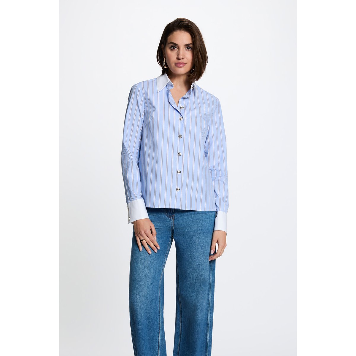 Chemise rayée col contrastant bleu ciel, MORGAN