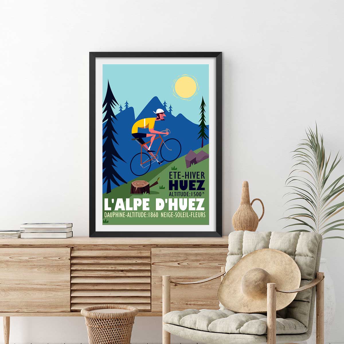 Poster de l'alpe d'huez affiche + cadre en bois - noir, HEXOA