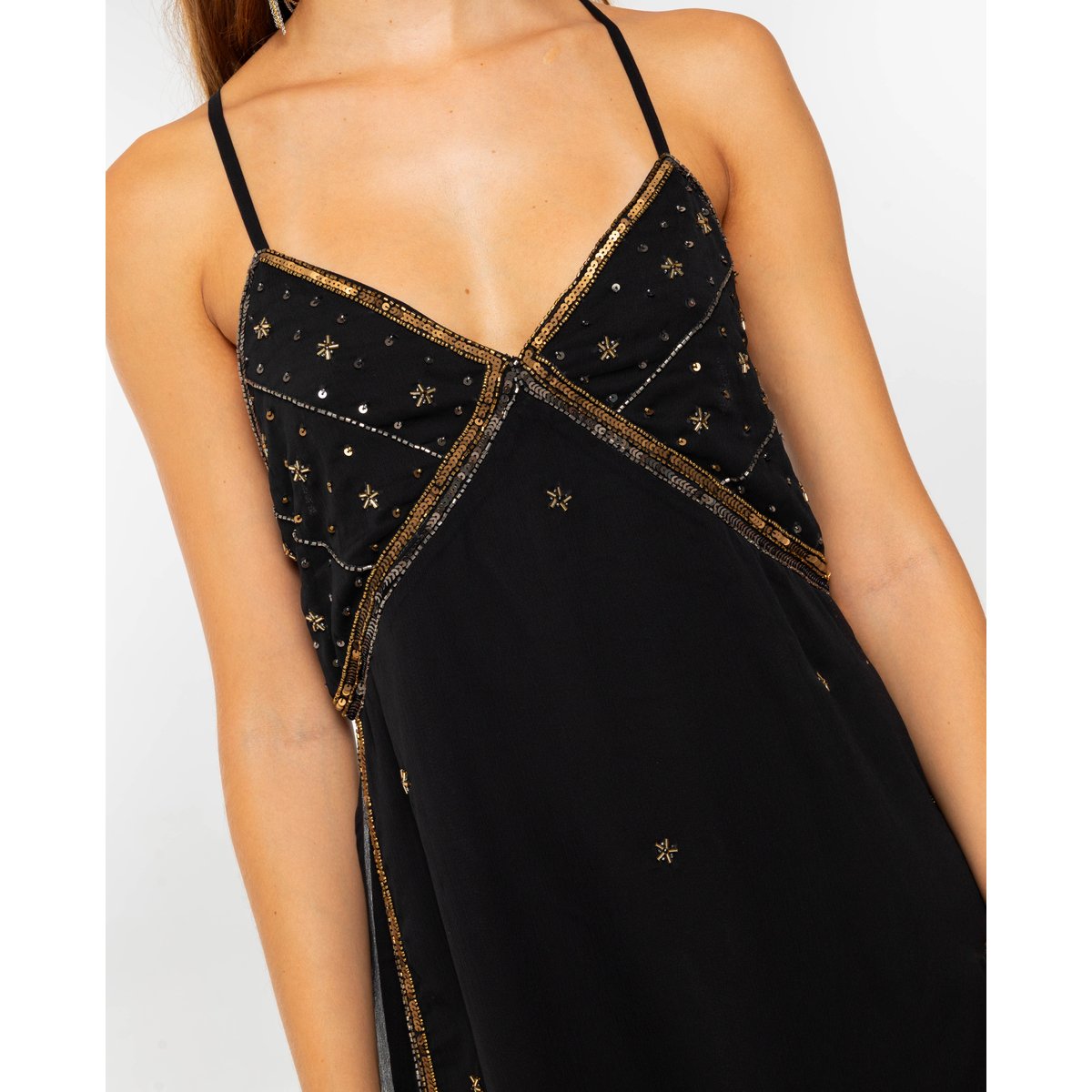 Robe courte noire à bretelles, brodée de sequins dorés et argentés noir, THE-ARE