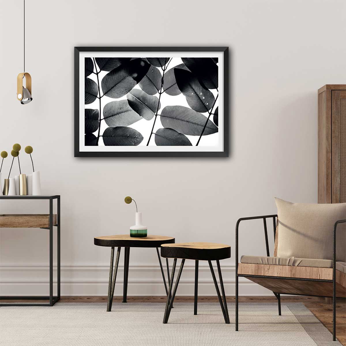 Affiche reproduction experiments with leaves i affiche + cadre en bois - noir, HEXOA