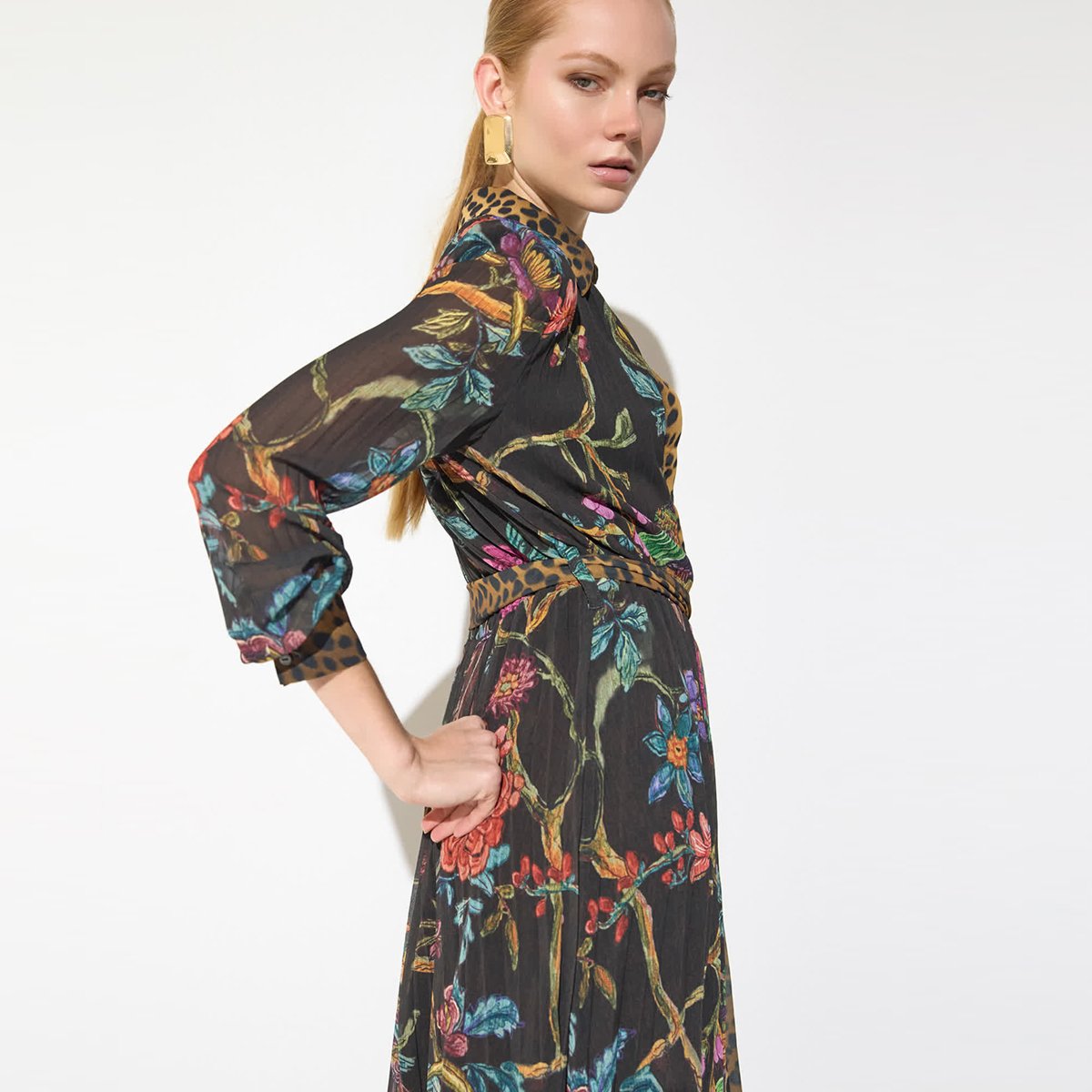 Robe midi plissée imprimée floral léopard marron foncé, LOLA CASADEMUNT